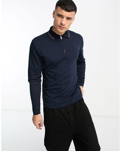 SELECTED Cotton Mix Long Sleeve Polo With Zip - Blue