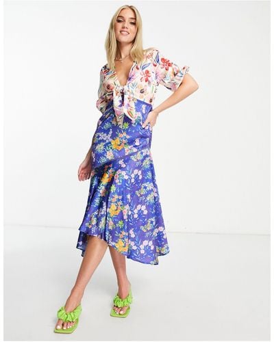 Hope & Ivy Tie Front Midi Tea Dress Contrast Floral - Blue