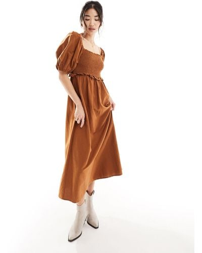 New Look Shirred Waist Puff Sleeve Midi Dress - Brown
