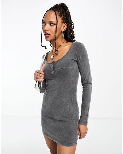 Daisy Street Long Sleeve Button Front Washed Mini Dress - Grey