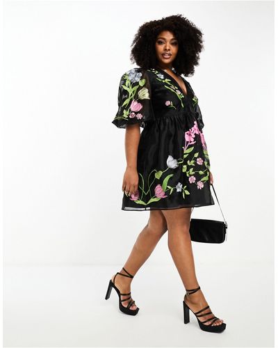 ASOS Curve Organza Short Sleeve Mini Dress With Floral Embroidery - Black