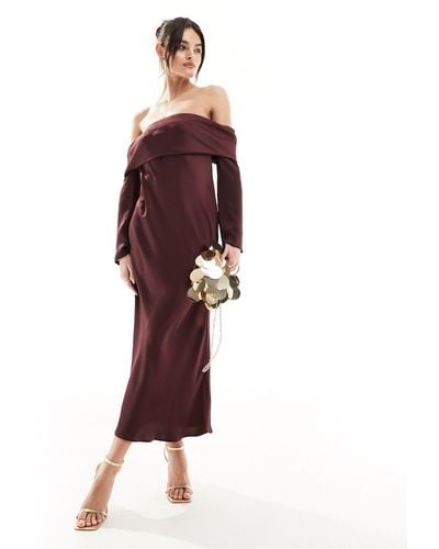 ASOS Satin Bardot Laye Midi Dress With Long Sleeves - Red