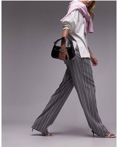 TOPSHOP Stripe Low Slung Linen Trousers - Black