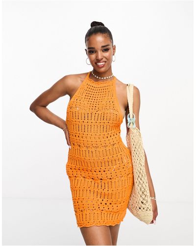 Miss Selfridge Robe courte en maille au crochet style festival avec dos travaillé et col montant - Orange