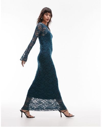 TOPSHOP Lace Long Sleeve Maxi Dress - Blue