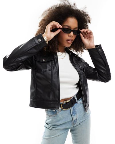 New Look Faux Leather Cropped Trucker Jacket - Black