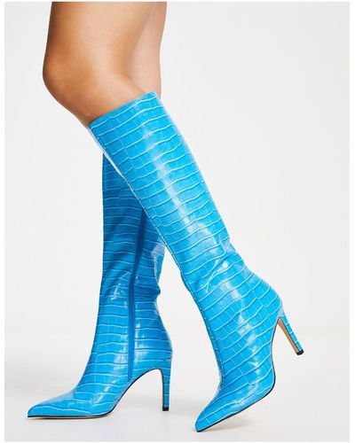 London Rebel Pointed Stiletto Knee Boots - Blue