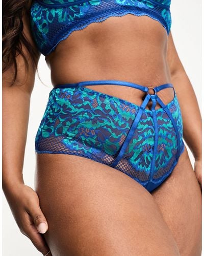 Figleaves Amore Lace And Fishnet High Waist Knicker - Blue