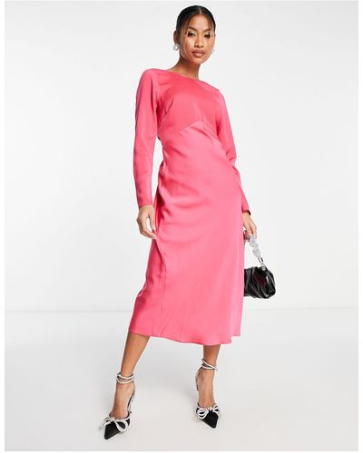 ASOS Satin Long Sleeve Midi Dress With Drawstring Back - Pink
