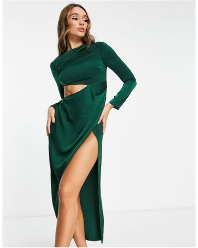ASOS Satin Drape Front Midi Dress With Side Cut Out Waist Detail - Green