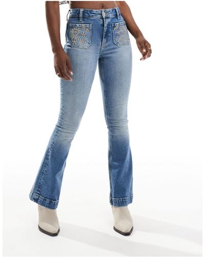 River Island Flare Jean With Embroidered Pockets - Blue