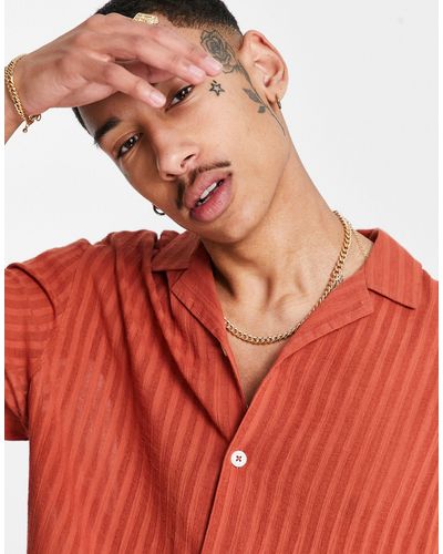 ASOS Relaxed Fit Textured Stripe Shirt With Revere Collar - Orange