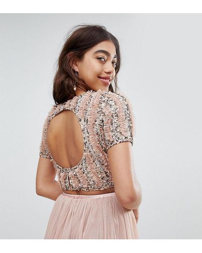 LACE & BEADS Cropped Top With Ruffle Embellishment And Open Back Two-piece - Natural