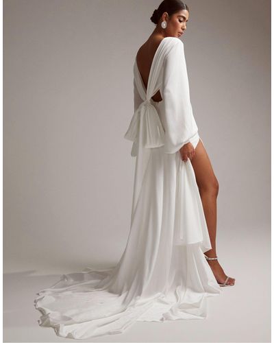 ASOS Mary Satin Wedding Dress With Drape Bow Back And Blouson Sleeve In - Gray
