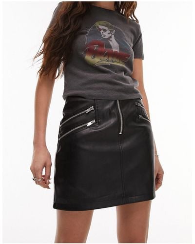 TOPSHOP Leather Look High Waisted Zip Detail Mini Skirt - Black