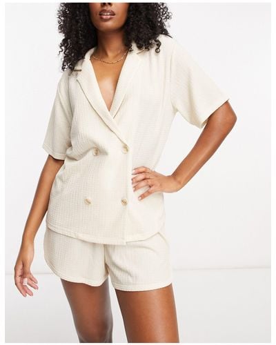 Loungeable Boxy Pajama Shirt And Runner Short Set - White