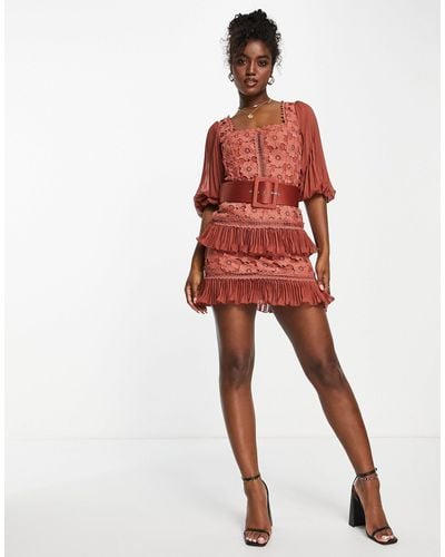 ASOS Lace Mini Dress With Pleated Chiffon And Satin Belt - Red