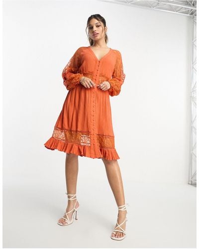 Y.A.S Long Sleeve Mini Dress With Lace Inserts - Orange
