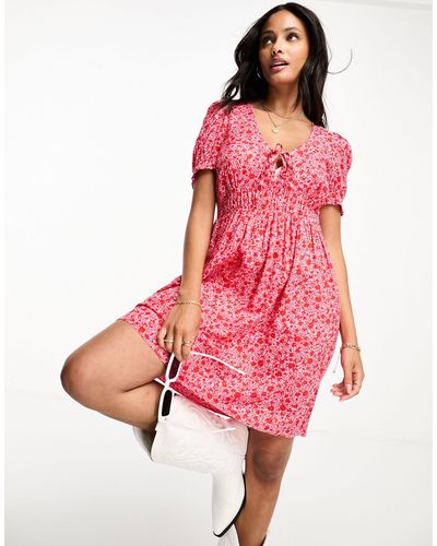 Monki Mini Smock Dress With Puff Sleeves - Pink