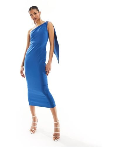 Vesper Exclusive One Shoulder Drape Detail Midaxi Dress - Blue