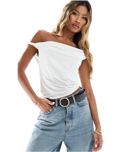ASOS Slinky Twisted Off The Shoulder Asymmetric Top - White