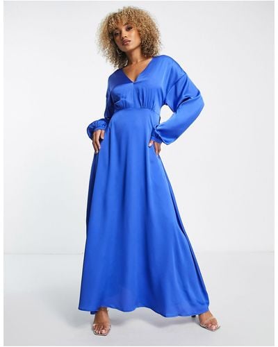 Liquorish Satin Maxi Wrap Dress With Full Skirt - Blue