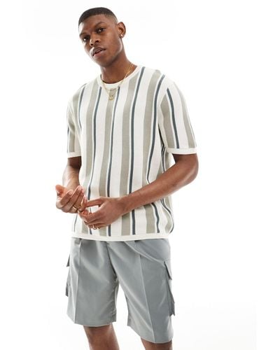 Bershka Knit Striped T-shirt - Grey