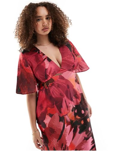 ASOS Exclusivité - asos design curve - robe mi-longue en satin à manches évasées et grand imprimé floral - rose - Rouge