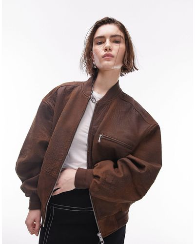 TOPSHOP Premium Real Suede Bomber Jacket - Brown