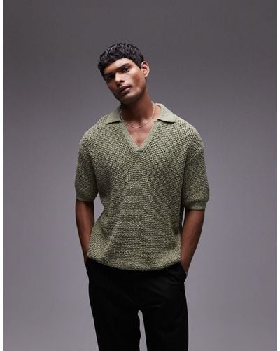 TOPMAN Knitted Cotton Revere Polo - Gray