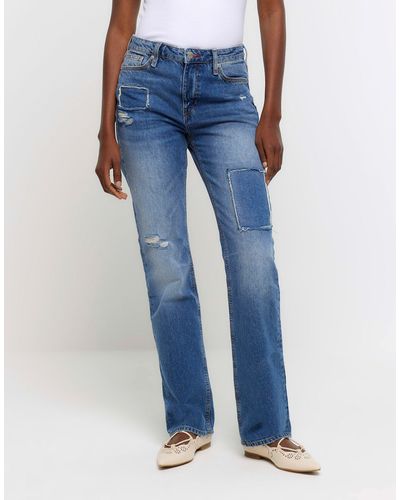 River Island Patch Stove Pipe Straight Jeans - Blue