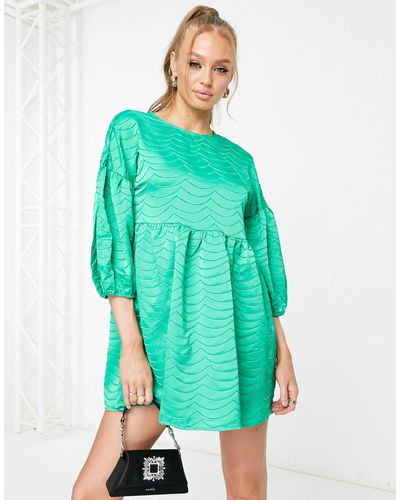 Pieces Exclusive Textured Puff Sleeve Mini Tie Back Dress - Green