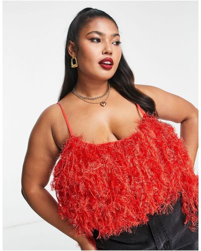 ASOS Curve Faux Feather Low Back Cami Bodysuit - Red