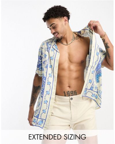 ASOS Relaxed Revere Satin Shirt With Floral Border Print - White