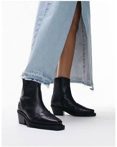 TOPSHOP Wide Fit Lena Leather Western Ankle Boot - Black