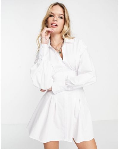 Bershka Corset Detail Poplin Shirt Dress - White