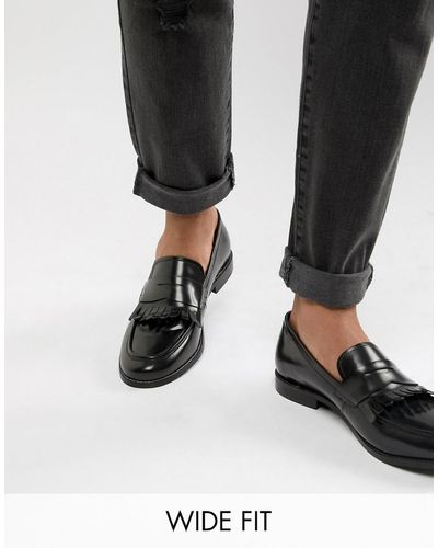 Dune Wide Fit Loafers In Black Hi-shine Leather