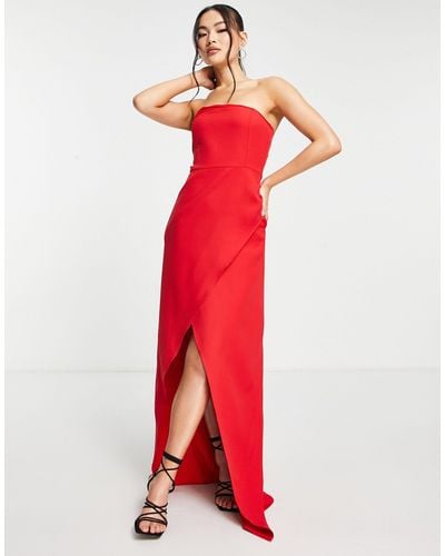 Trendyol Wrap Bandeau Maxi Dress With Leg Split - Red