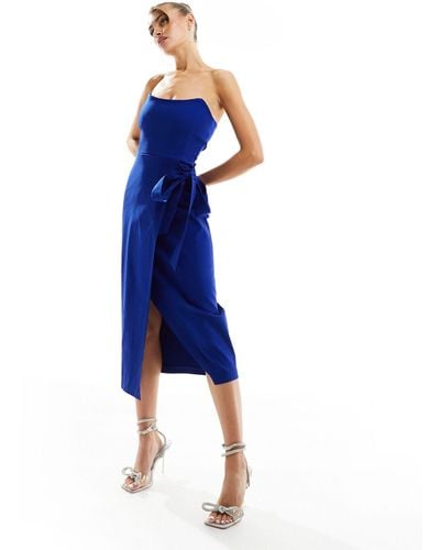 Vesper Bandeau Tie Side Tulip Skirt Midi Dress - Blue
