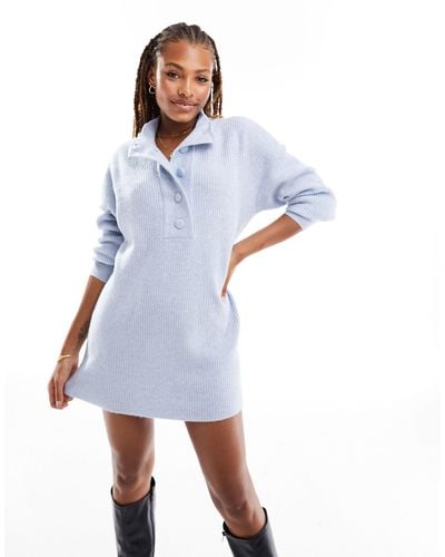 Pieces Half Placket Knitted Sweater Dress - Blue