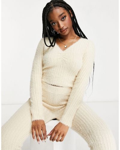 Missguided Loungwear Co-ord Fluffy Ribbed Long Sleeve Top - Natural