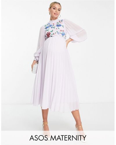 ASOS Asos Design Maternity High Neck Pleated Long Sleeve Skater Midi Dress With Embroidery - White