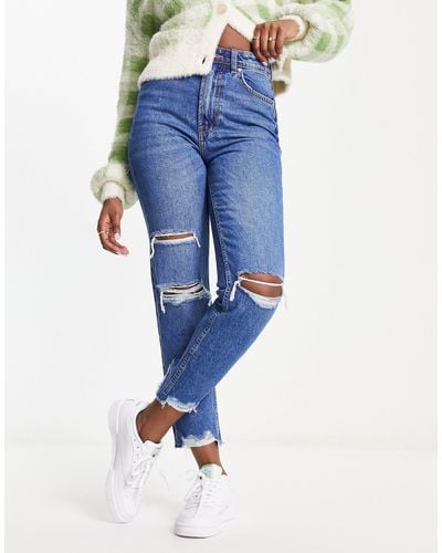 Bershka Comfort Fit Mom Jean With Rips - Blue