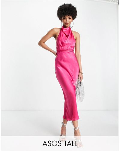 ASOS Asos Design Tall - Midi-jurk Met Gedrapeerde Halslijn, Halternek En Gestrikte Taille - Roze
