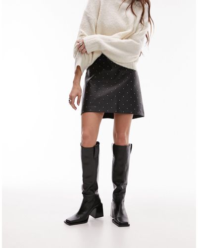 TOPSHOP Premium Leather Look Studded Mini Skirt - Black