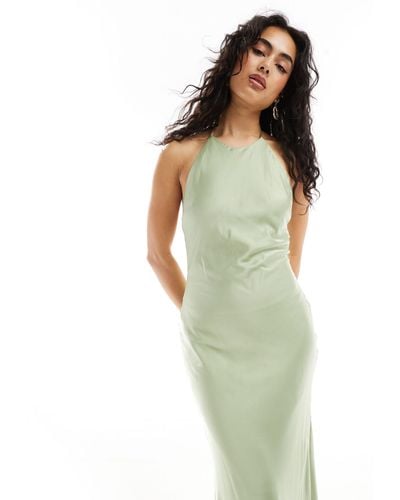 TFNC London Bridesmaids Satin Maxi Dress With Tie Back And Button Detail - Green
