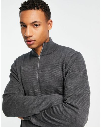 SELECTED Half Zip Knitted Sweater With Textured Stripe - Grey