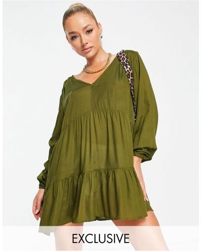 esmé studios Esmee Exclusive Mini Tiered Smock Summer Dress With Long Sleeve - Green