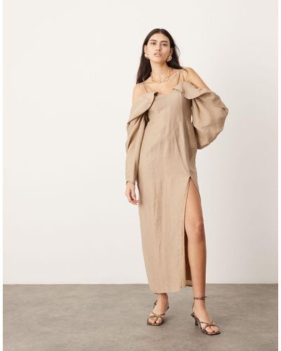 ASOS Drama Bardot Midi Dress With Long Sleeve - Natural