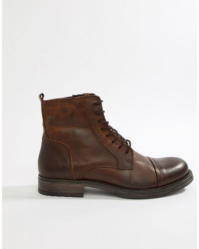 Jack & Jones Leather Boot With Side Zip - Brown